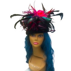 Handcrafted Bohemian Glammed-Up Round Black Felt Hat Fashioned With Tulle, Flowers, Black, Red And Turquoise Feathers. Ideal For Special Occasions, Reunions, Cocktail Parties, Festivals, Kentucky Derby. One-Of-A-Kind, One Size Fits Most, Handcrafted, Brand New, Never Worn. Black Felt Hat, Red And Turquoise, Tulle Flowers, Flowers Black, Handcrafted Accessories, Cocktail Parties, Black Felt, Black Hat, Felt Hat