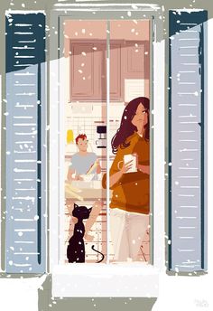 a woman standing in front of an open door with a cat and dog looking at her