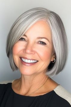 Save this pin for the best hairstyles for women over 70. Show off your natural silver with this sophisticated and stylish bob. The chin-length cut is universally flattering and easy to maintain. Gray Haircut, Gray Hairstyles For Women, Gray Bob, Grey Bob Hairstyles, Chin Length Cuts, Gray Hairstyles, Grey Hair Over 50, Chic Bob, Trendy Bob Hairstyles