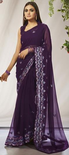 Purple and Violet color Saree in Georgette fabric with Embroidered, Sequence, Thread work Elegant Purple Georgette Embroidered Fabric, Elegant Purple Embroidered Georgette Fabric, Purple Georgette Embroidered Fabric For Reception, Festive Purple Embroidered Georgette Fabric, Purple Embroidered Fabric For Party With Traditional Drape, Elegant Purple Embroidered Fabric For Festivals, Purple Embroidered Blouse Piece For Celebration, Embroidered Purple Blouse Piece For Celebration, Purple Georgette Blouse Piece For Celebration