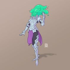 a drawing of a female character with green hair and blue eyes, standing on one leg