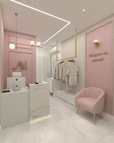 the interior of a clothing store with pink walls