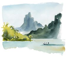 a watercolor painting of two people in a boat on a lake with mountains in the background