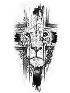 a lion's face with a cross in the background