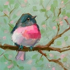 a painting of a bird sitting on a branch with pink, blue and white feathers