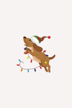 a brown dog wearing a santa hat and string of christmas lights on its tail, jumping in the air