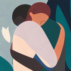 an abstract painting of two people hugging each other