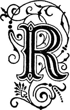 the letter r is decorated with swirls and scrolls