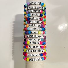 Kpop Style Personalized Multicolor Bracelets, Personalized Multicolor Kpop Style Bracelets, Customized Adjustable Bracelet For Festival, Customized Adjustable Bracelets For Festivals, Customized Multicolor Kpop Bracelets, White Rave Bracelets Gift, White Handmade Beaded Bracelets For Rave, Handmade White Beaded Rave Bracelets, Adjustable Rave Wristband Gift