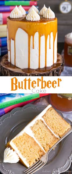 a cake with white frosting and caramel drizzled on top sitting on a plate