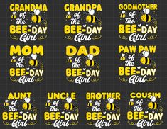 six different images of the words for grandma and dad to be on black fabric with yellow lettering