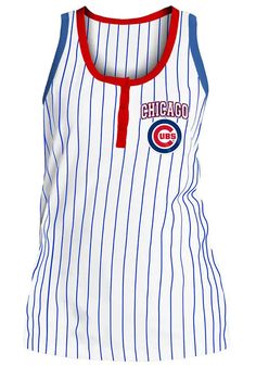 Chicago Cubs Womens White Pinstripe Tank Top White Sleeveless Top With Vertical Stripes, Cotton Sleeveless Tank Top With Contrast Stripes, Sleeveless Cotton Tank Top With Contrast Stripes, Sleeveless Pinstripe Tops For Summer, White Sleeveless Tank Top With Contrast Stripes, Sporty Sleeveless Striped Tops, Sporty Striped Sleeveless Top, Sporty Striped Sleeveless Tank Top, Casual Sleeveless Vertical Stripes Tank Top