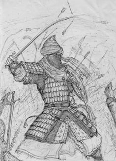 a drawing of a man in armor holding two swords