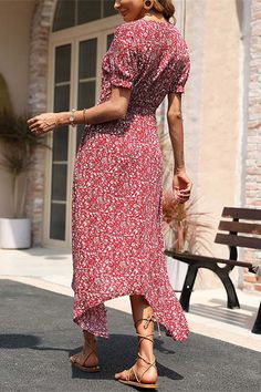 V-Neck Floral Red Long Summer Dress Size: S, M, L, XL, Size/cm Bust Waist Shoulder Length S 94 52-98 36 116 M 98 56-102 37 118 L 104 62-108 38.5 120 XL 110 68-114 40 122 Color:Same as Picture Delivery Time: 10-30 daysIf you are in urgent need of it, please contact our customer service through our live chat or email: contact@modcody.com Retro Floral Dress, Irregular Skirt, High Neck Bodycon Dress, V Neck Midi Dress, Short Sleeve Pattern, Weave Style, Sleeve Pattern, Flounce Sleeve, Long Summer Dresses