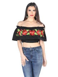 DESCRIPCION: Women's Off the Shoulder Floral Embroidered Handmade Crop Top Tipo: Blusa Corta Artesanal Estilo: de Olan Bordada de Flores Material: 100% Algodon Corrida USA: S/M, L/XL, 2XL Hecho en Mexico Nota: Cada pieza es elaborada unica, los colores y bordados en los diseños pueden variar Handmade Crop Top, Father Son Shirts, Rodeo Boots, Short Blouse, Mexican Textiles, Embroidered Crop Tops, Short Blouses, Blouse Style, Traditional Mexican