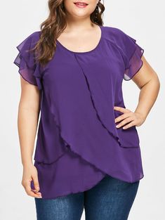 Plus Size Chiffon Tulip Blouse - Purple Monster - 3D72145816 - Women's Clothing, Plus Size Women's Clothing  #PlusSizeWomensClothing #Women's #Clothing # #Plus #Size #Women's #Clothing Spring Chiffon Top In Any Color, Solid Chiffon Top For Spring, Flowy Chiffon Tops, Spring Purple Chiffon Top, Flowy Chiffon Short Sleeve Blouse, Flowy Chiffon Blouse With Short Sleeves, Casual Chiffon Top For Layering, Spring Drapey Blouse For Layering, Solid Chiffon Short Sleeve Top