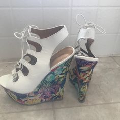 White On The Top And Colorful At The Bottom Wedges Wood Platform Heels, Dollhouse Shoes, Lace Wedges, Floral Wedges, Summer Wedges, Brown Wedges, Black Wedge, Black Wedges, Leather Wedges