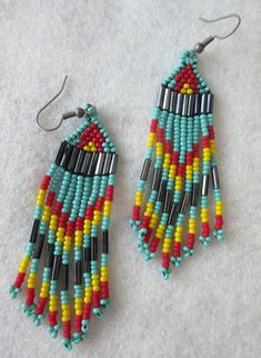 Fringe Earrings of #11 Glass Seed Beads 3" Long 3/4" wide of, Black Bugle, Turquoise, Red, and Yellow, Trilal, Boho, Southwestern, Artisan Southwestern Multicolor Fringe Earrings, Southwestern Black Beaded Dangle Earrings, Southwestern Style Black Earrings With Colorful Beads, Handmade Black Southwestern Beaded Earrings, Handmade Southwestern Black Beaded Earrings, Southwestern Black Beaded Earrings For Festivals, Southwestern Black Festival Earrings, Traditional Black Beaded Earrings With Fringe, Traditional Black Beaded Fringe Earrings