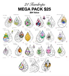 the mega pack $ 25 is shown with different designs for each drop - in tears