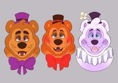 three cartoon bears with hats and bow ties, one is wearing a purple top hat