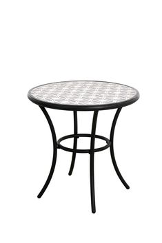 an outdoor table with white and black tiles on the top, against a white background