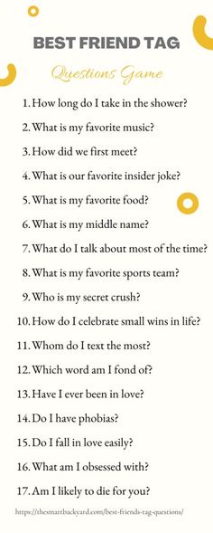 150 Interesting Best Friend Tag Questions for Your BFF #quiz #quizzes #buzzfeed #triviaquestionsandanswers #quizzesbuzzfeed #bestfriendquiz #bffquiz Question For Your Best Friend, Friendship Tag Questions, Bff Questions Game, Some Questions To Ask Your Friend, Questions To Test Your Best Friend, Best Friends Test Quiz, Friends Test Questions, Bff Games Questions, Bestfriend Question