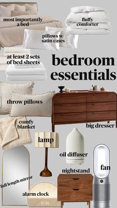 the bed room essentials guide is shown in black and white, with text above it