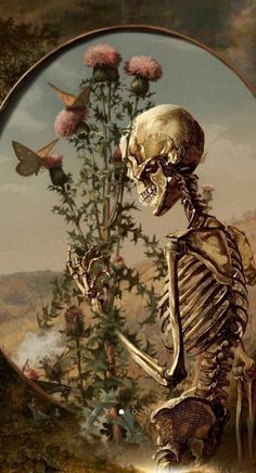 a painting of a skeleton holding a flower in its right hand and looking at it