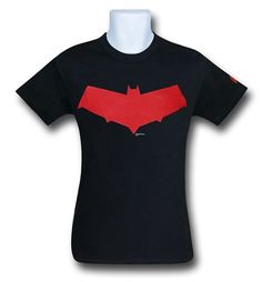 a black t - shirt with a red bat on the front and back, sitting on a white mannequin's head