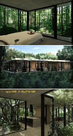 four different views of the inside and outside of a house in the woods with trees