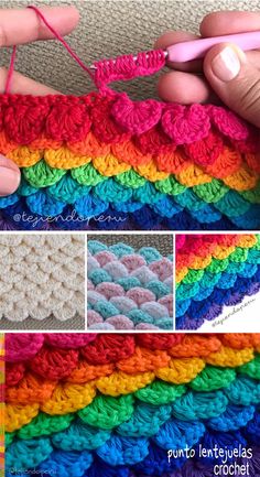 the crochet pattern is being worked on by someone using yarn to make it