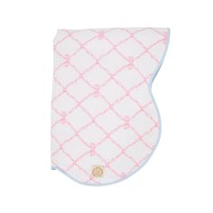 a white and pink bib with blue trim