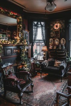 a living room filled with furniture and lots of christmas decorations on the windows sill