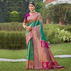 Rama Green colored saree is made from kanjivaram silkfabric which is highlighted with beautiful weaving and tassels border as shown. comes along unstitched kanjivaram silk blouse piece which you can customise as per your design/style. Occasion - You can wear this saree for festivals, functions and ideal for any fashionista. Note:- the actual product may differ slightly in color and design from the one illustrated in the images when compared with computer or mobile screen. Measurements: Saree : KanjiVaram : 5.5 Mtrs Blouse : KanjiVaram Silk : 0.8 Mtr Material: KanjiVaram Silk Stitch Type: Unstitched Country of Origin: India Care Guide: Dry Clean Kanjivaram Silk Saree, Ready To Wear Saree, Ethnic Sarees, Net Saree, Silk Art, Red Saree, Readymade Blouse, Chiffon Saree, Traditional Sarees