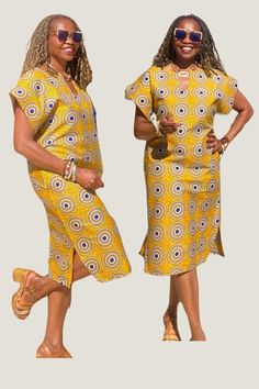 This is a unique African midi dress in a multi-print. This comfy dress will be made from Ankara fabric cut to flatter your curves.  Style is loosely cut for wiggle room.  Displayed color is available. *Made to order, length is up to 40"- 42" but can be made shorter per customer request.   MEASUREMENT GUIDE: See inserted pics We are happy to answer any questions regarding measurements and styles before purchase. Note, that the customer is responsible for including their measurements or selecting African Plus Size Fashion, Knee-length Printed Sundress, Loose Ankara Dress Styles, Printed Knee-length Sundress, Yellow Bohemian Printed Midi Dress, Printed Patterned Tunic Dresses, Knee-length Patterned Printed Dresses, Knee-length Printed Dress, Knee-length Dress With Vibrant Print For Vacation