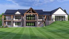 this is an artist's rendering of a house in the country side with stone and wood accents