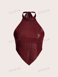 SHEIN ICON Top de tirantes sencillo para mujer, de unicolor con hombros descubiertos para uso diario | SHEIN USA Solid Color Cami Halter Top For Party, Solid Color Tank Top For Party, Burgundy Tops For Fall Party, Burgundy Top For Fall Party, Fall Party Burgundy Top, Cropped Party Vest Top, Elegant Stretch Burgundy Tops, Fitted Camisole Tops For Fall, Fitted Cami Tops For Fall