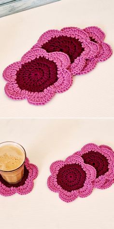 crocheted coasters with coffee cup on the bottom and one in the middle