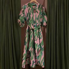 A-92135b Material Not Listed On Item My Guess Its Polyester And Nylon Pink Silk A-line Midi Dress, Pink Short Sleeve Silk Dress, Pink Silk Short Sleeve Dress, Pink And Green Dress, Green Pink, Green Dress, Pink And Green, Light Pink, Colorful Dresses