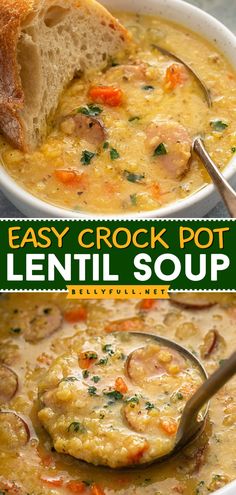 A warm dinner recipe in the slow cooker! It lets you have a hearty soup featuring red lentils. Made with sausage plus a touch of lemon, this Crock Pot Lentil Soup filling and flavorful. Plus, this fall comfort food idea is dairy-free and gluten-free! Crock Pot Lentil Soup, Fall Dinner Recipes Crockpot, Lentil Soup Crockpot, Easy Lentil Soup, Chicken Lentil Soup, Easy Fall Dinner Recipes, Slow Cooker Lentil Soup, Lentil Sausage Soup, Easy Fall Dinner