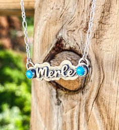 Custom Name Necklace for Mom in sterling silver. Add a word or Name to this necklace that makes a perfect birthday gift for Moms or friends. Kids names or Pet names that have special meaning you can keep close to your heart. Adorn with Kingman turquoise for a fun country every day look and style. Personalized name necklaces make someone special smile even if you buy one for yourself.  Note! We had to change the chain style for this necklace to a paperclip style chain. See images for new chain st Silver Sterling Silver Birthstone Nameplate Necklace, Personalized Turquoise Sterling Silver Necklaces, Personalized Sterling Silver Turquoise Necklaces, Blue Stamped Necklace As Gift, Blue Stamped Jewelry For Gifts, Blue Stamped Jewelry For Gift, Sterling Silver Stamped Necklace For Birthday Gift, Gift For Mom Birthday, Word Necklace