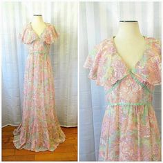 Vintage 1970s Maxi Dress by Camela Gown Semi Sheer Cape - Etsy Vintage V-neck Maxi Dress For Garden Party, Vintage Ruffled Maxi Dress For Garden Party, Vintage Maxi Dress With Ruffles For Garden Party, Retro Maxi Dress For Wedding, Retro Floor-length Maxi Dress For Wedding, Spring Vintage Ruffled Maxi Dress, Vintage Ruffled Maxi Dress For Spring, Vintage Ruffle Maxi Dress For Beach, Vintage Ruffle Maxi Dress For Spring