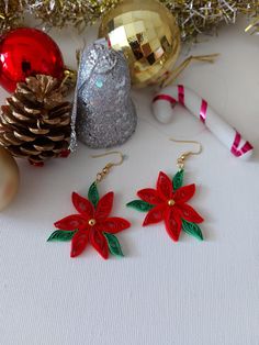 Quilled earring, Red Poinsettia Earring, Christmas accessories, Dangle Poinsettia earring, Holiday jewelry, gift for Christmas, Gift for her by AuroraSanat on Etsy Quilled Christmas Earrings, Quilling Jewelry Ideas, Quilling Studs, Quilling Snowflakes, Poinsettia Earrings, Quilled Christmas, Quilling Flower Designs, Christmas Quilling, Paper Quilling Earrings