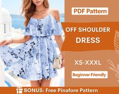 a woman in a dress with the text, free pattern off shoulder dress xs - xxl beginner friendly