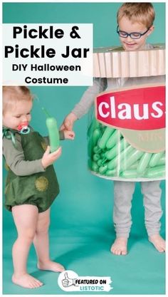 two children dressed up as pickle and pickle jar halloween costumes with text overlay reading pickle and pickle jar diy halloween costume