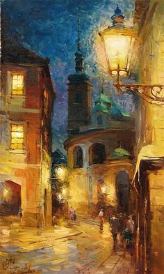 an oil painting of a city street at night with people walking on the sidewalk and buildings in the background