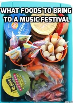 a basket filled with lots of food next to a blue sign that says what foods to bring to a music festival