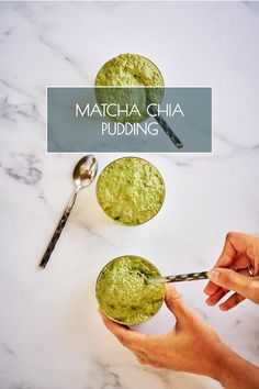 two hands holding spoons with matcha chia pudding