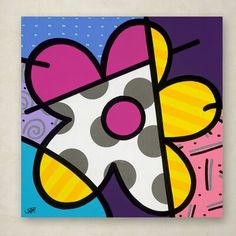 an abstract painting with colorful shapes and colors on the bottom, including pink, yellow, purple