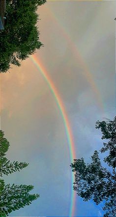 two rainbows in the sky above some trees